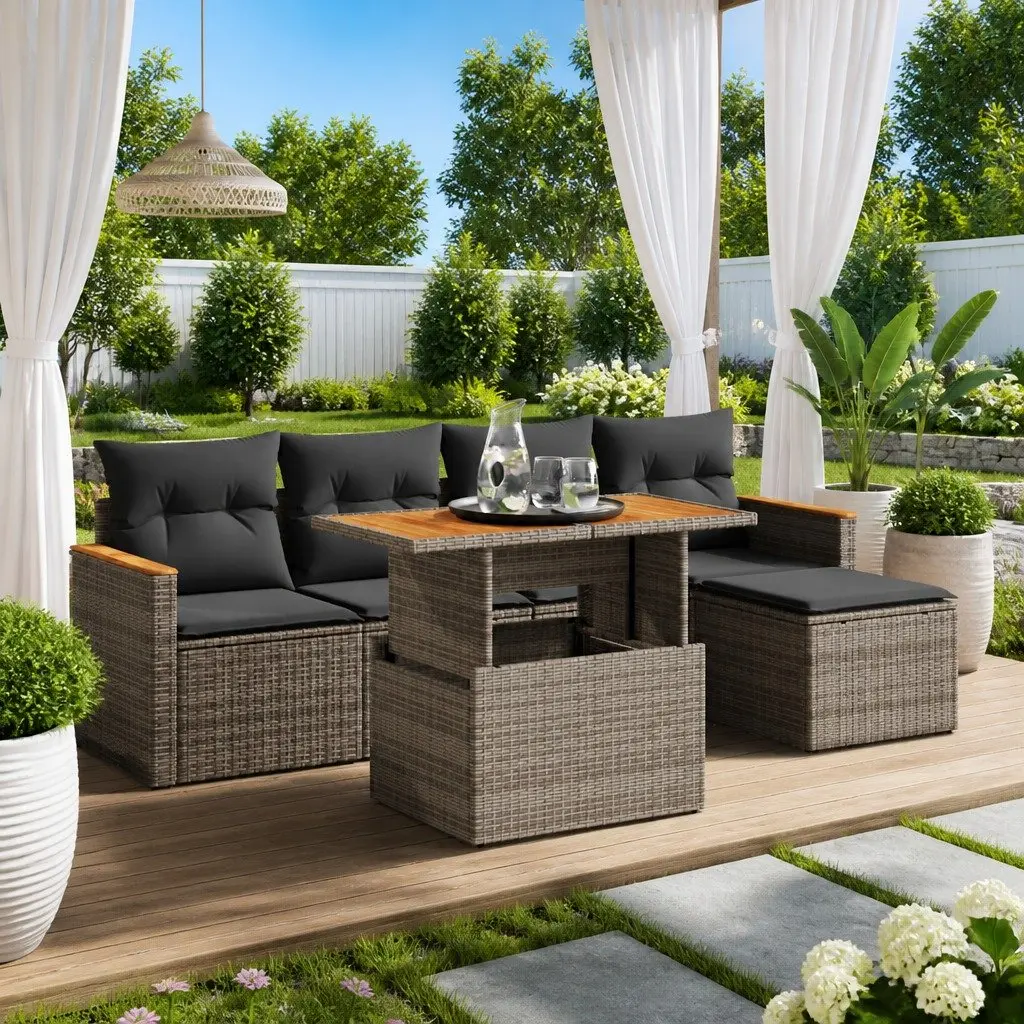 6 Piece Garden Sofa Set PE Rattan Grey Outdoor Furniture with Storage