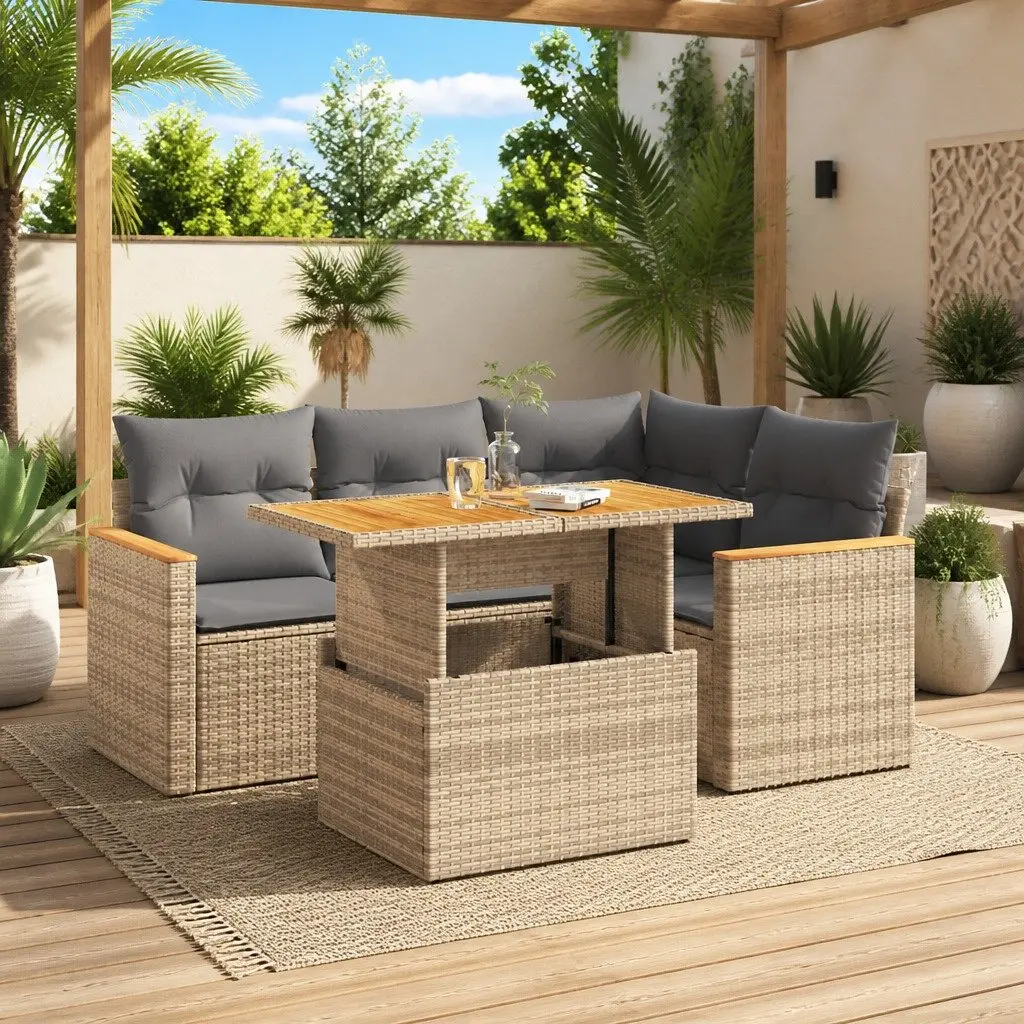Outdoor Furniture Set Modular 5 Piece Poly Rattan Beige with Storage Compartment and Removable Cushion Covers