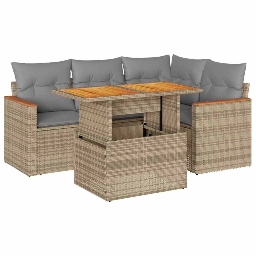 Outdoor Furniture Set Modular 5 Piece Poly Rattan Beige with Storage Compartment and Removable Cushion Covers