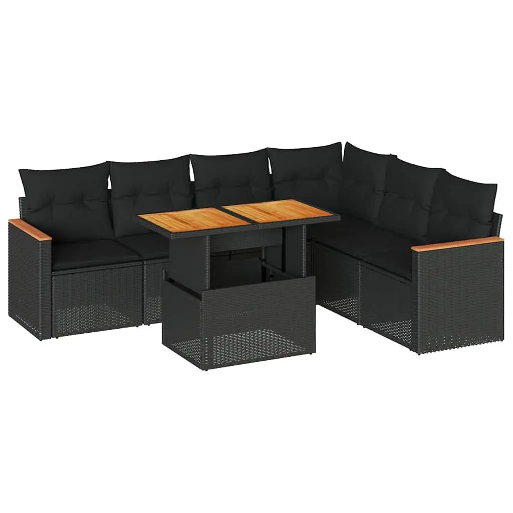 7 Piece Outdoor Garden Sofa Set PE Rattan Black Modular Patio Furniture with Cushions