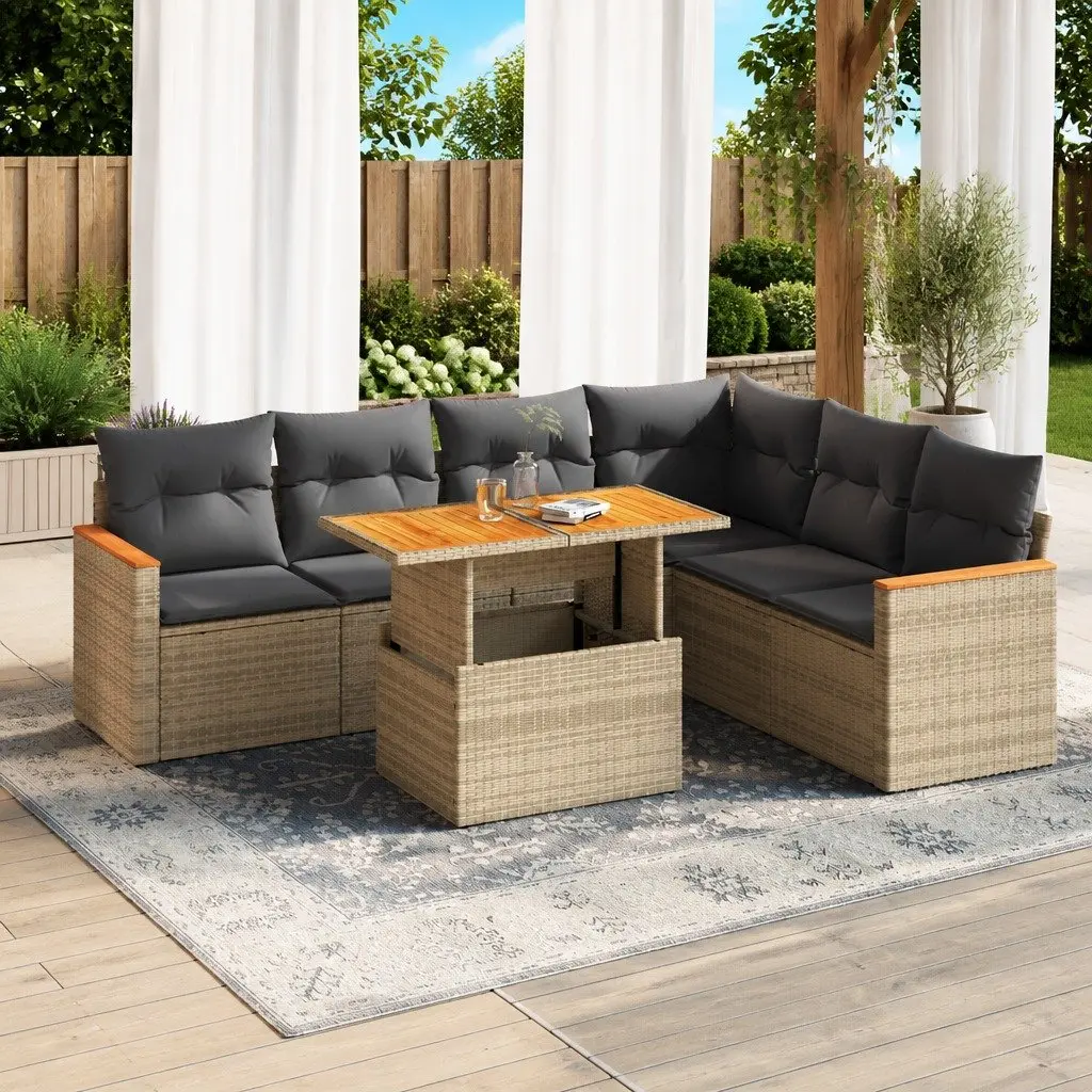 Garden Sofa Set 7 Piece Outdoor Furniture Beige Poly Rattan Patio Lounge Chair