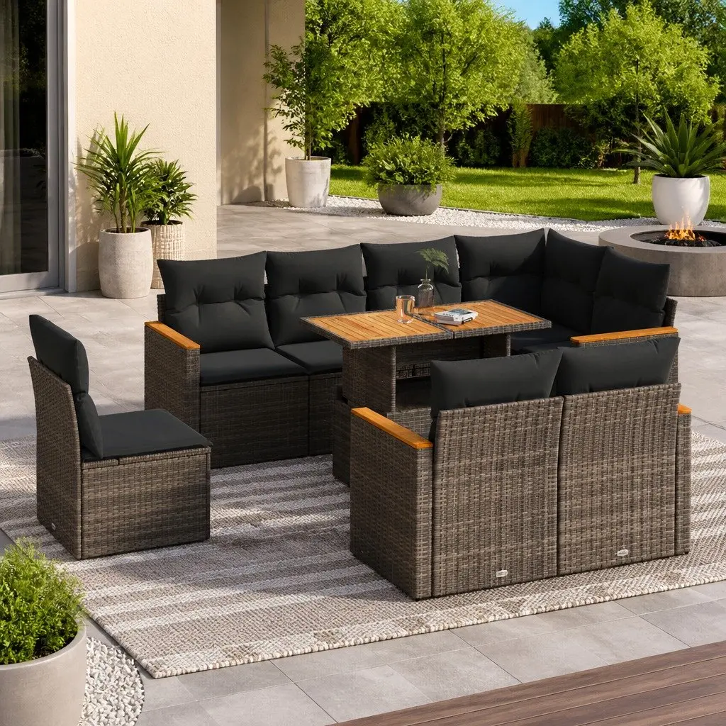 Garden Sofa Set 9 Piece Modular PE Rattan Outdoor Furniture Grey with Cushions