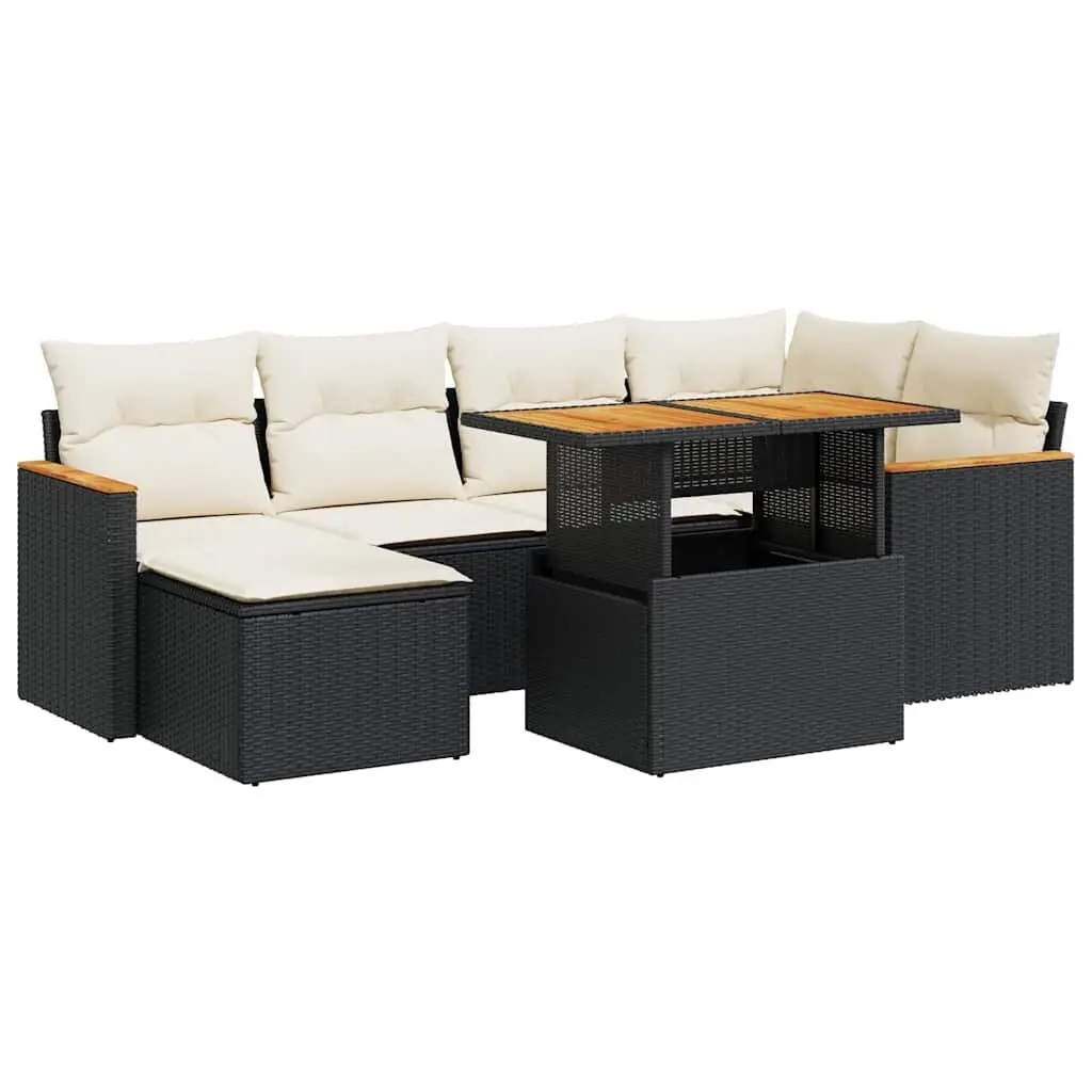7 Piece Outdoor Garden Sofa Set PE Poly Rattan Black with Storage Cushions