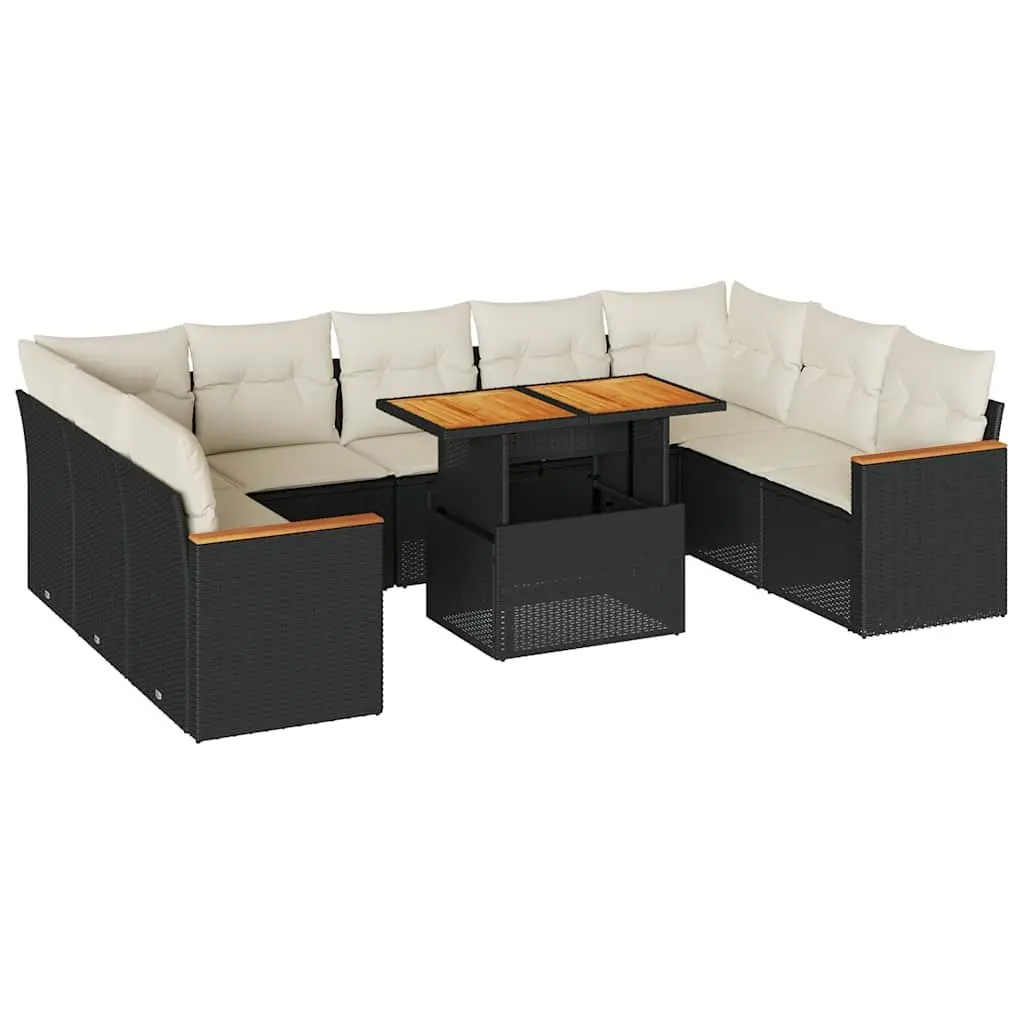 Garden Sofa Set 10 Piece Outdoor Furniture Black Poly Rattan with Cushions