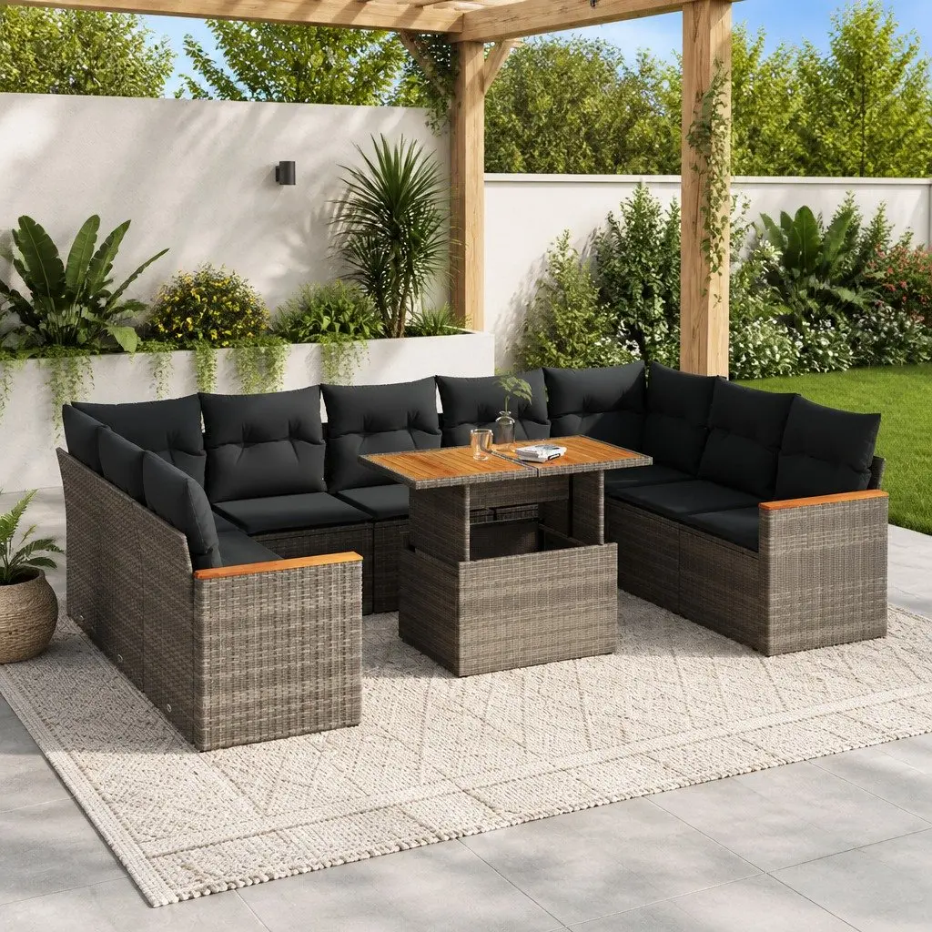 Modular Sectional Sofa Set 10 Piece Grey Outdoor Furniture PE Rattan with Storage and Washable Cushions