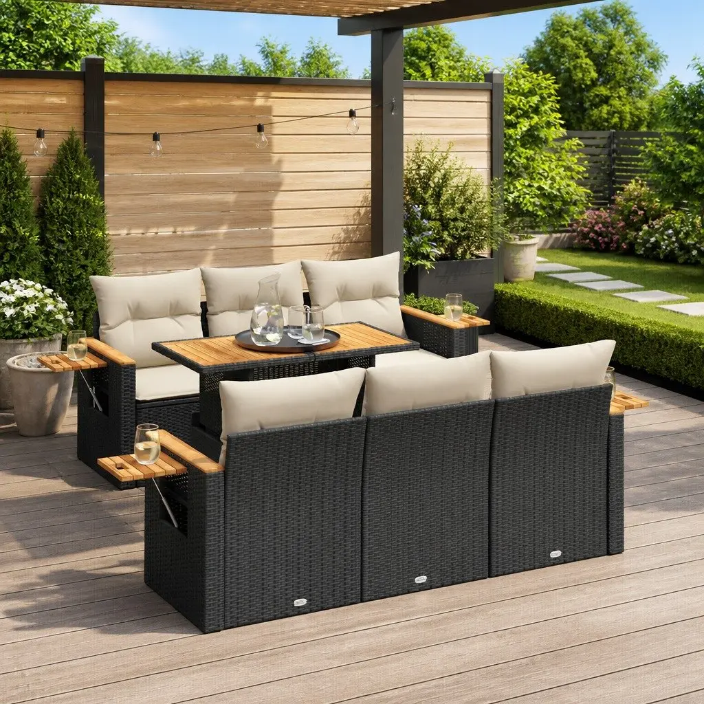 7 Piece Garden Sofa Set PE Rattan Modular Black with Cushions