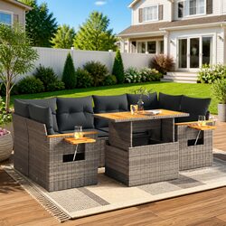 7 Piece Garden Sofa Set Grey Poly Rattan Outdoor Furniture with Cushions Storage