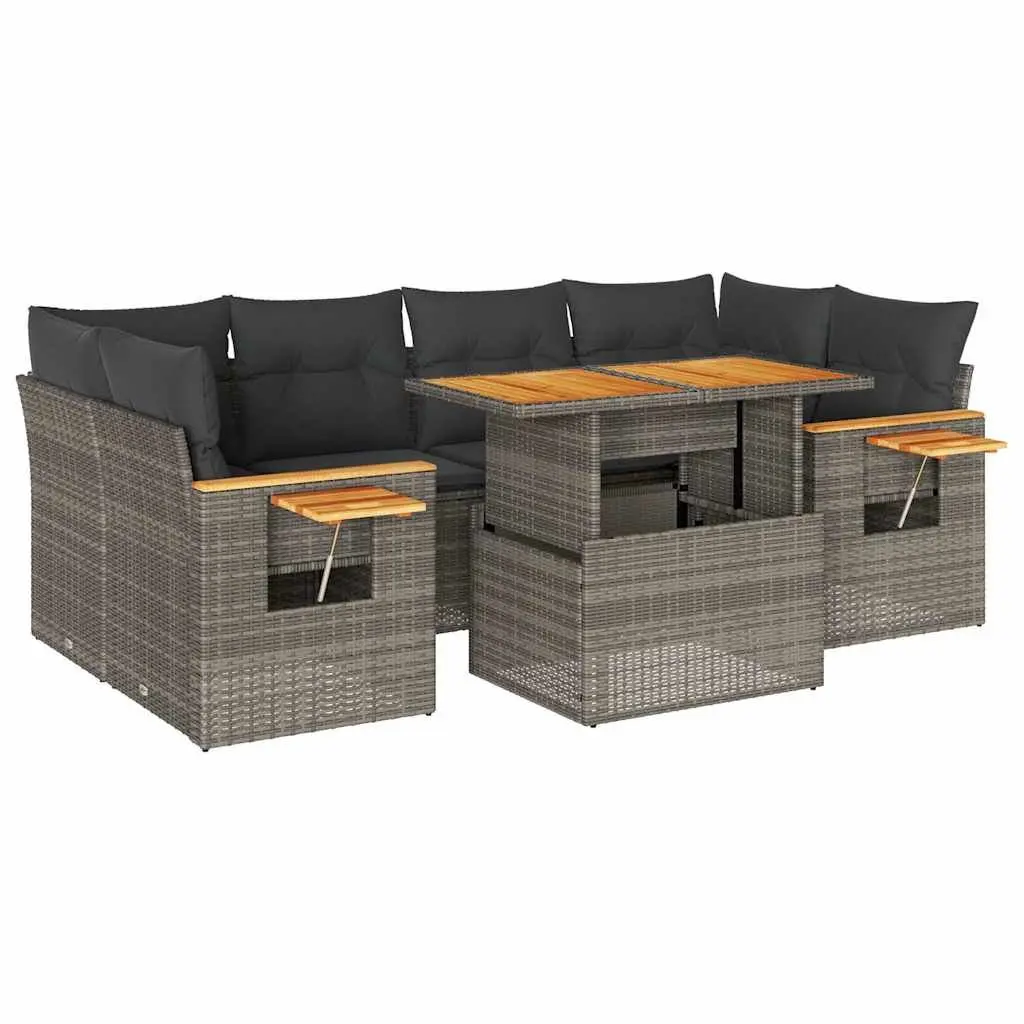 7 Piece Outdoor Furniture Set Grey PE Rattan Garden Sofa with Cushions and Underseat Storage