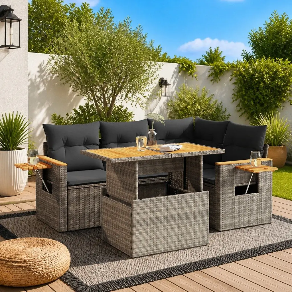 4 Piece Modular Grey Outdoor Sofa Set with Poly Rattan Construction Removable Cushions and Foldable Storage Table