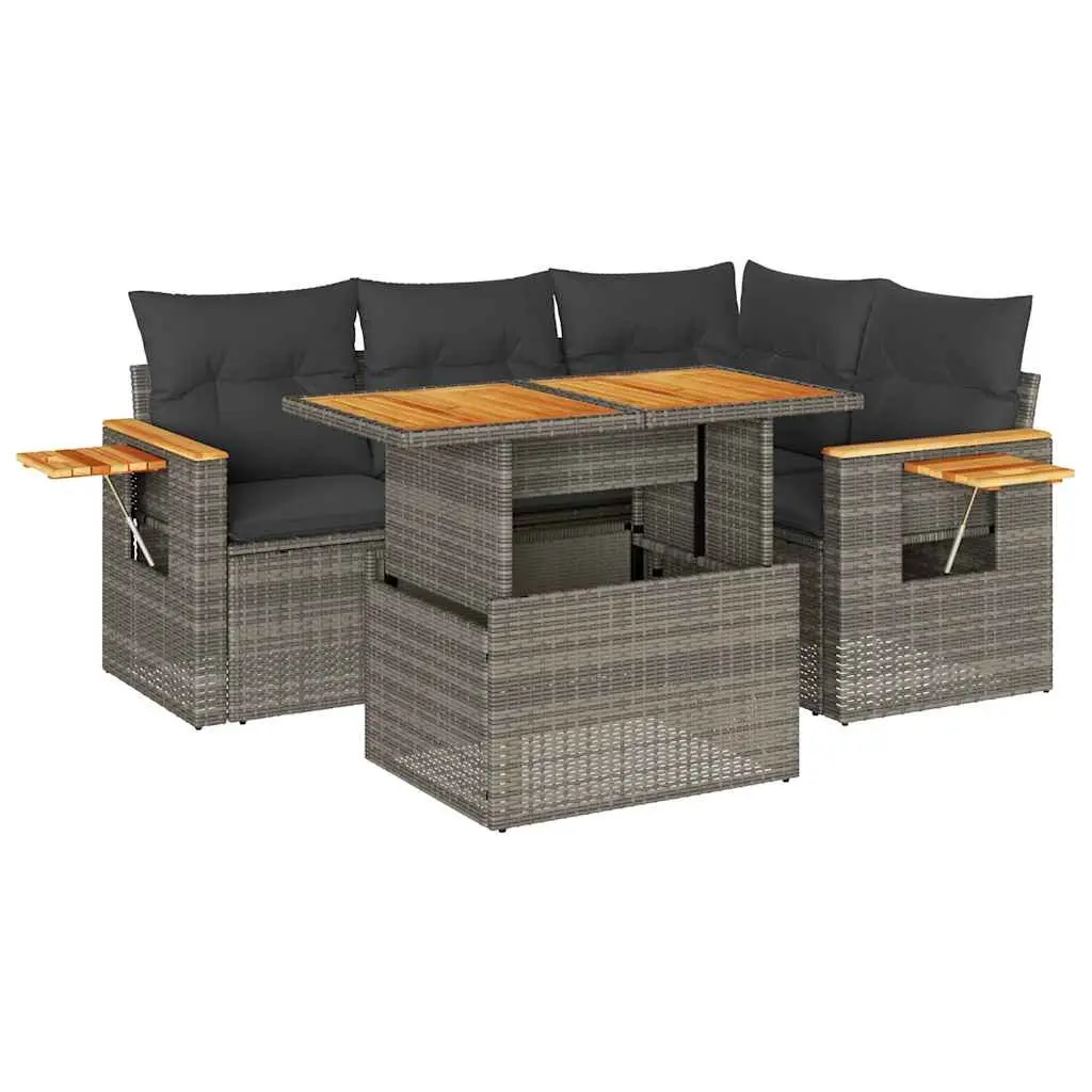4 Piece Modular Grey Outdoor Sofa Set with Poly Rattan Construction Removable Cushions and Foldable Storage Table