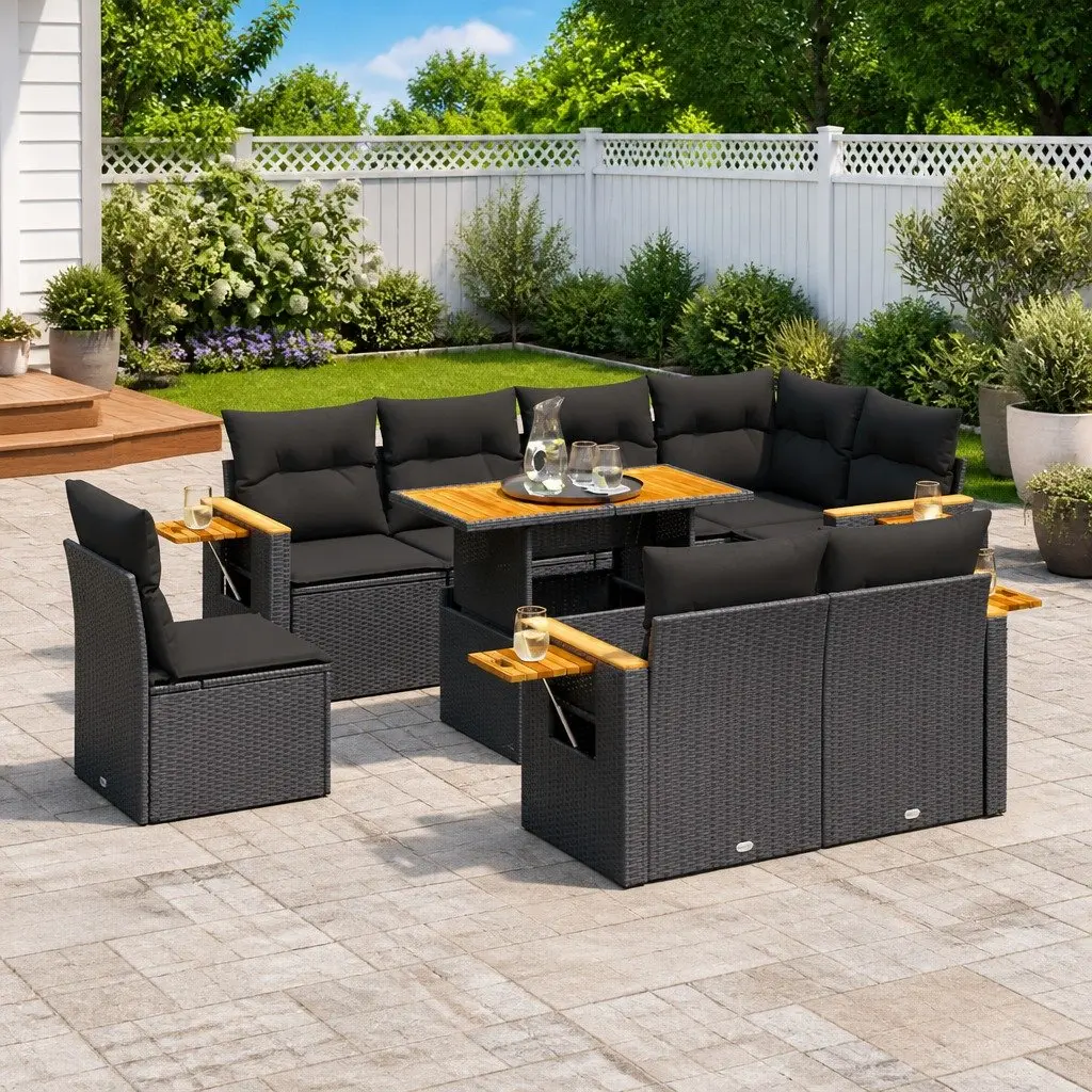 9 Piece Garden Sofa Set PE Rattan Modular Outdoor Patio Furniture Black with Cushions