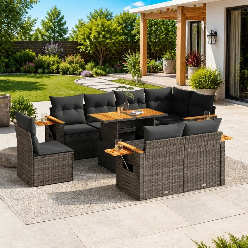 Garden Sofa Set PE Rattan 9 Piece Outdoor Furniture Grey with Cushions and Storage