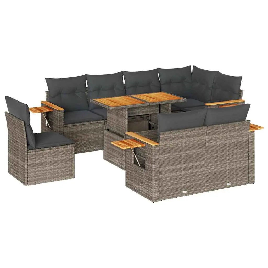 Garden Sofa Set PE Rattan 9 Piece Outdoor Furniture Grey with Cushions and Storage