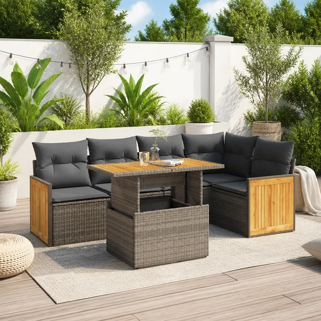 6 Piece Outdoor Garden Sofa Set Grey PE Rattan Modular Patio Furniture with Cushions