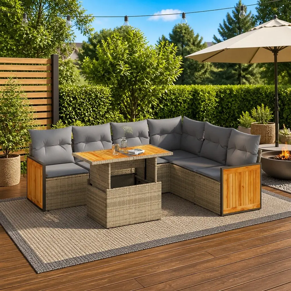 7 Piece Garden Sofa Set Poly Rattan Beige Cushions Outdoor Furniture