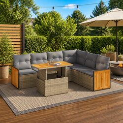 7 Piece Garden Sofa Set Outdoor Furniture Beige Cushions Poly Rattan Patio