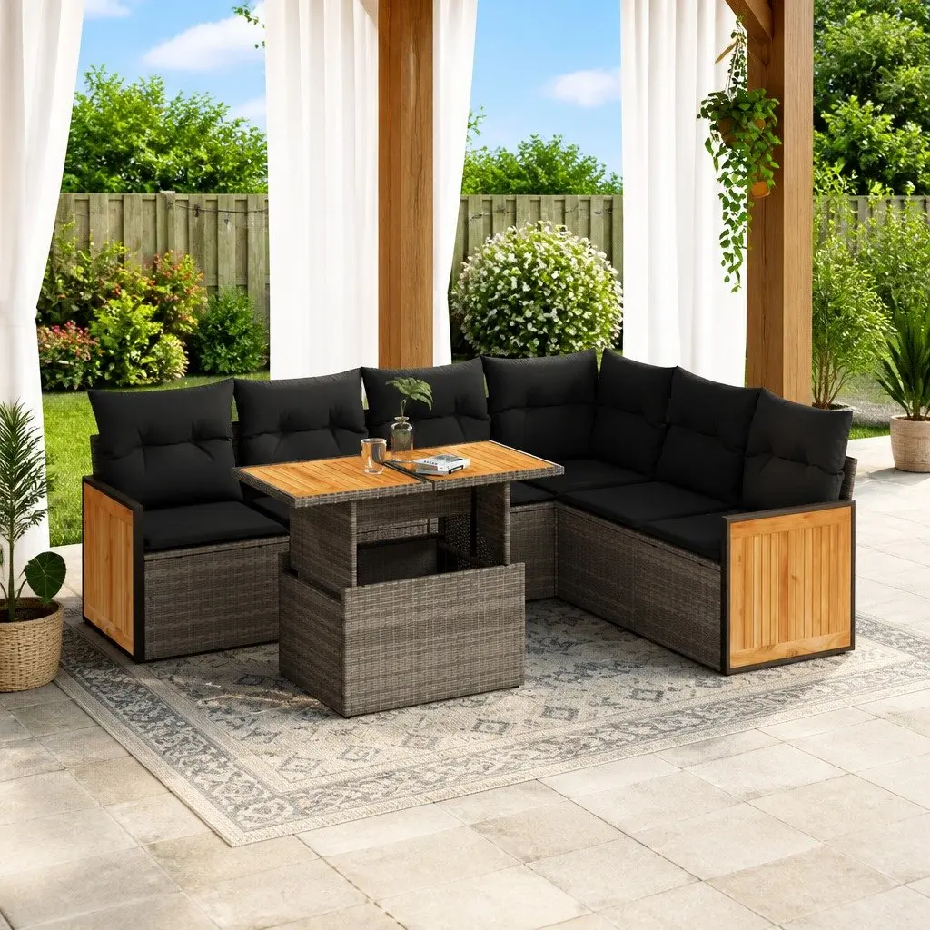 Garden Sofa Set 7 Piece Outdoor Furniture Grey Poly Rattan Modular Patio Seating