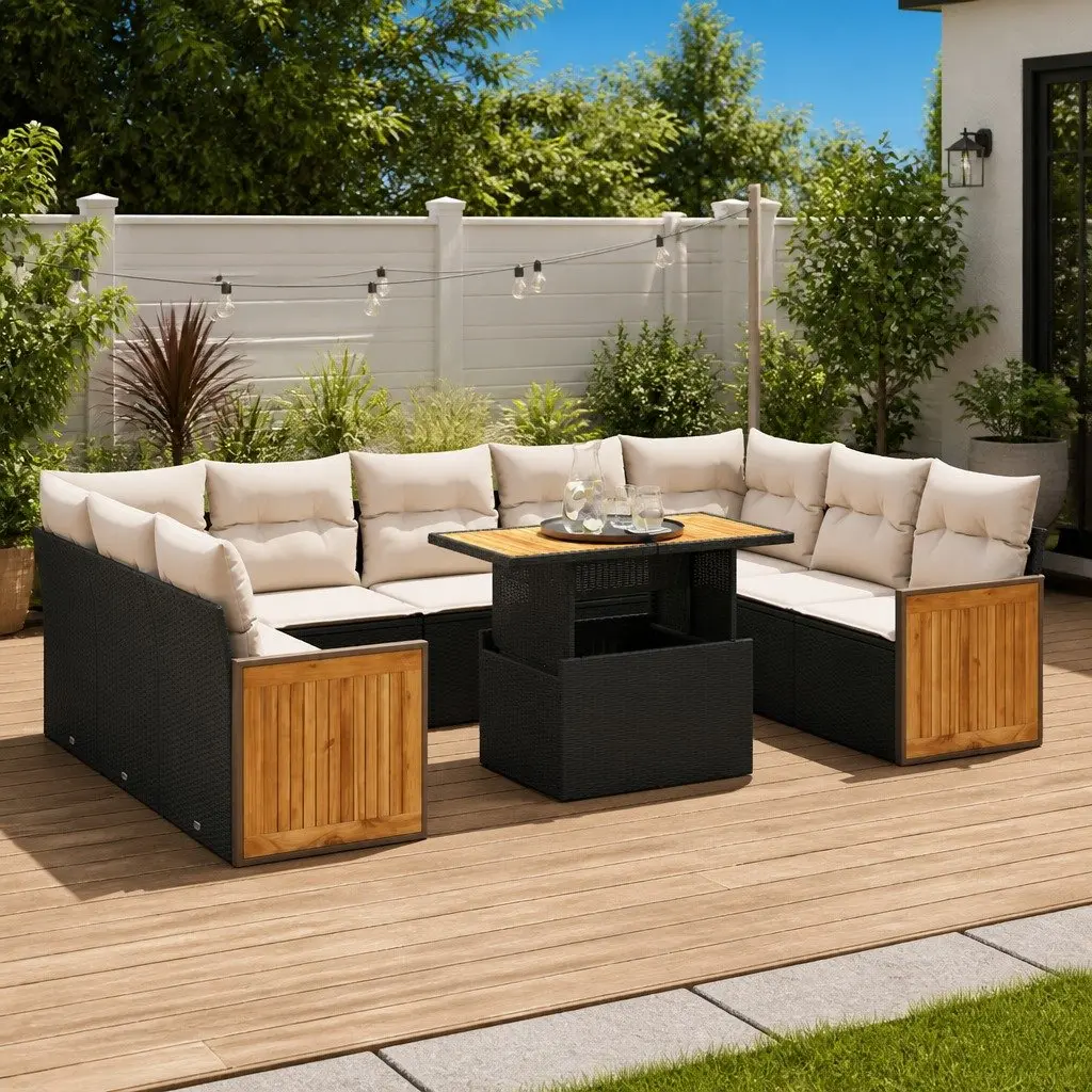 10 Piece Modular Outdoor Furniture Set Black PE Rattan Patio Sofa
