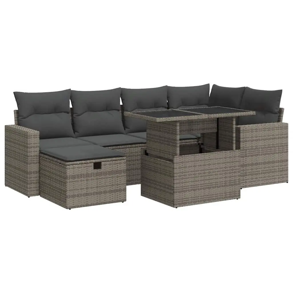 7 Piece Modular Garden Sofa Set Grey PE Rattan Outdoor Furniture with Cushions and Storage Compartments
