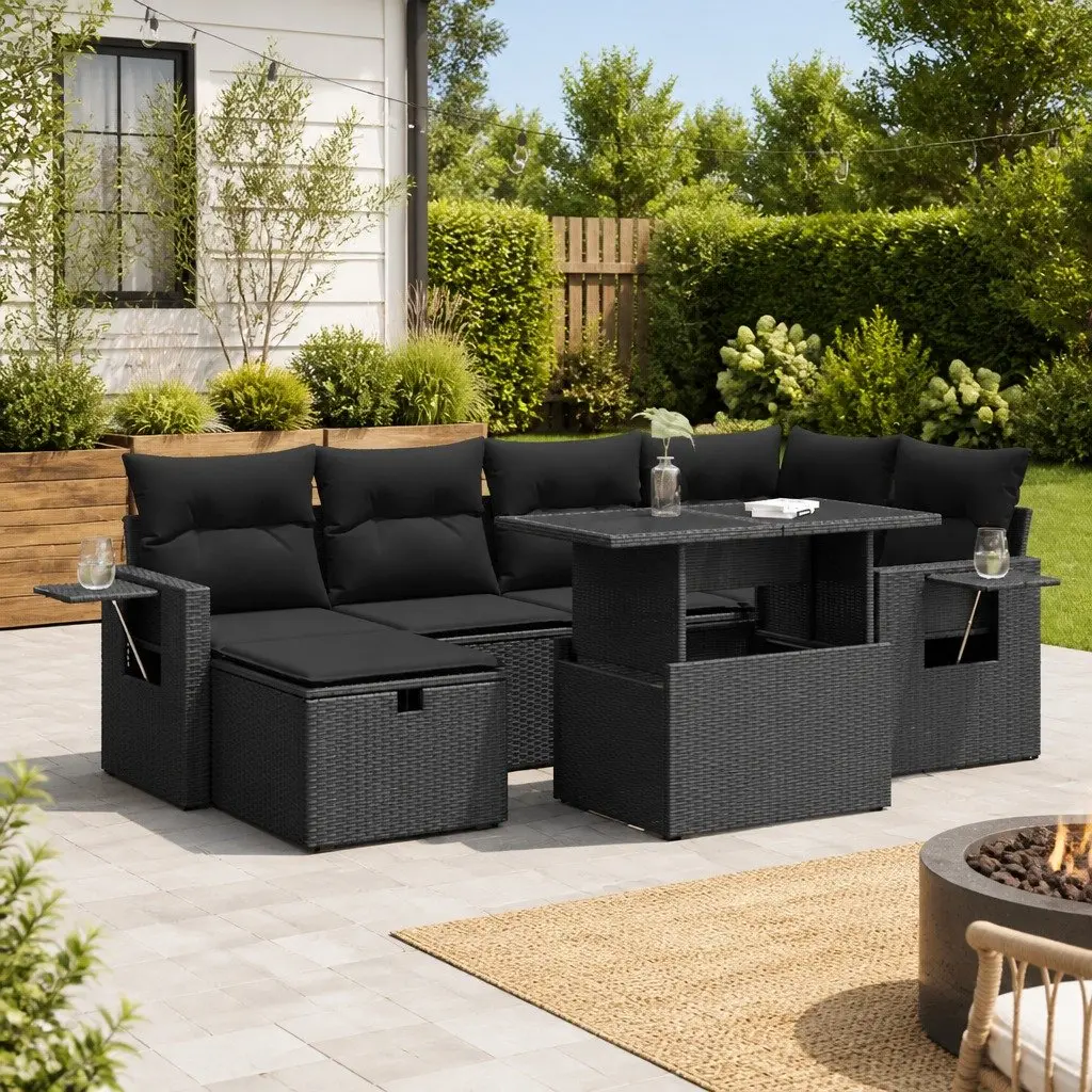 7 Piece Black Modular Outdoor Furniture Garden Sofa Set with Cushions and Storage for Patio