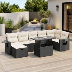 Garden Sofa Set 8 Piece Outdoor Furniture Black Poly Rattan with Storage