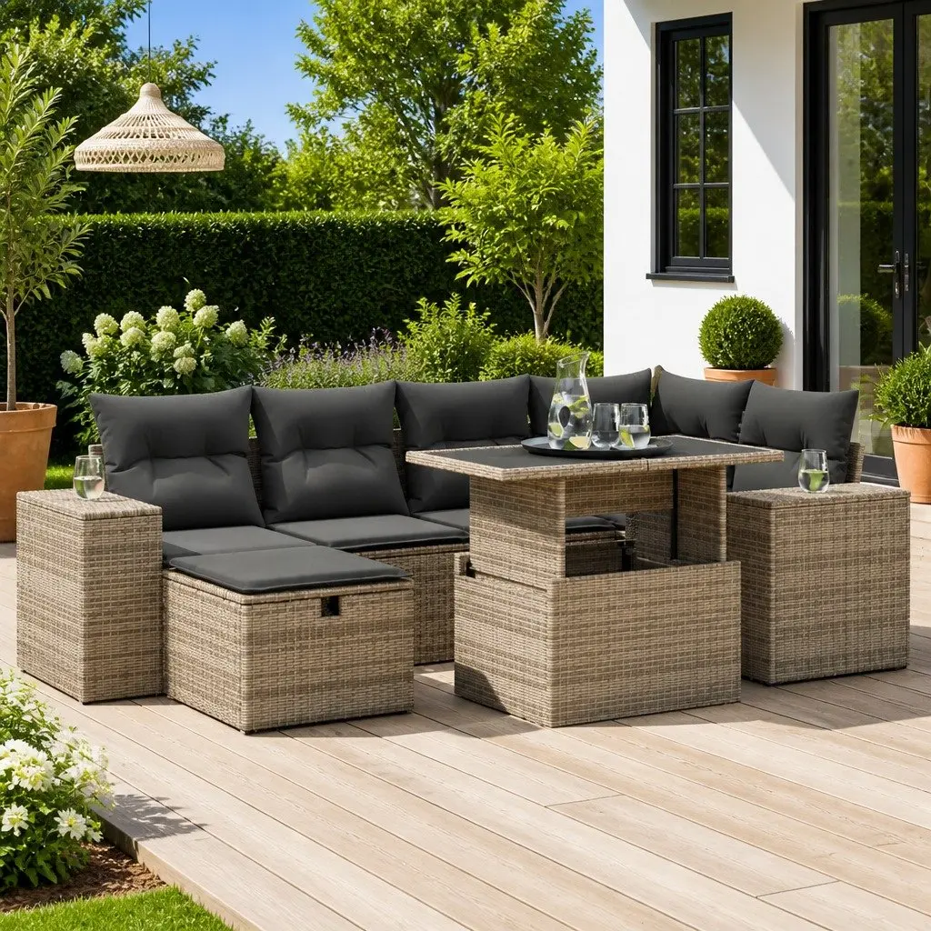 Garden Sofa Set 8 Piece Outdoor Furniture Grey Poly Rattan Patio Cushions