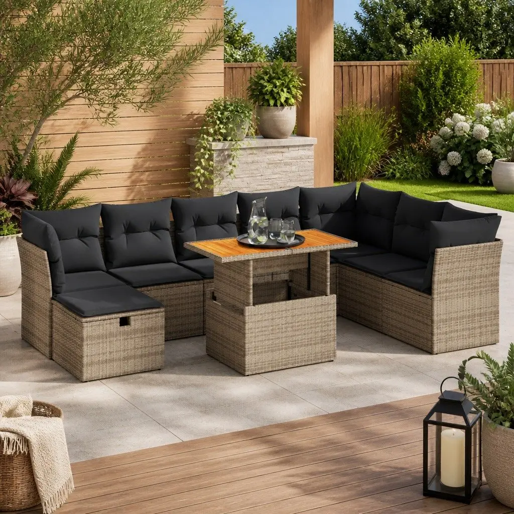 Modular Outdoor Sofa Set 9 Piece Grey PE Rattan Furniture with Cushions