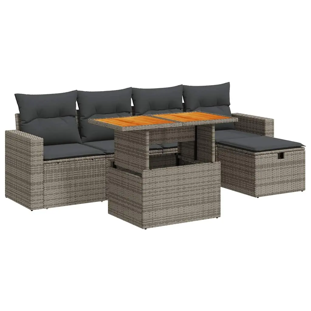 Modular Patio Seating Set 6 Piece Grey PE Rattan Outdoor Furniture with Removable Cushion Covers and Storage Compartments