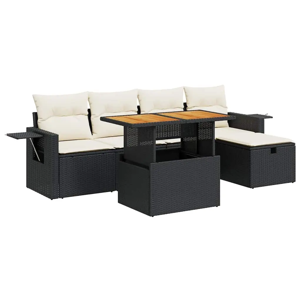 Garden Sofa Set PE Rattan 6 Piece Outdoor Furniture Black with Cushions Storage
