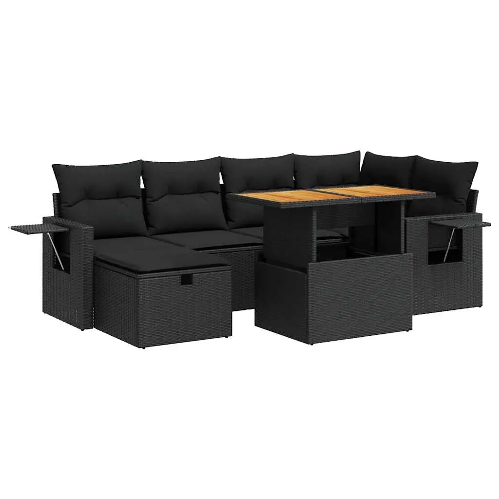 8 Piece Modular Garden Sofa Set Black PE Rattan with Cushions and Foldable Side Table