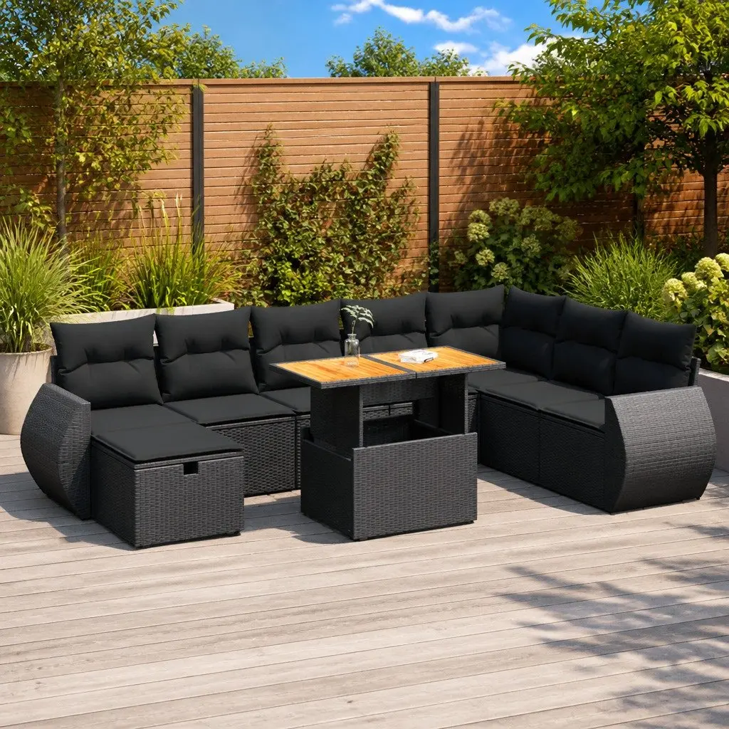 Garden Sofa Set 9 Piece Outdoor Furniture Black Poly Rattan with Cushions