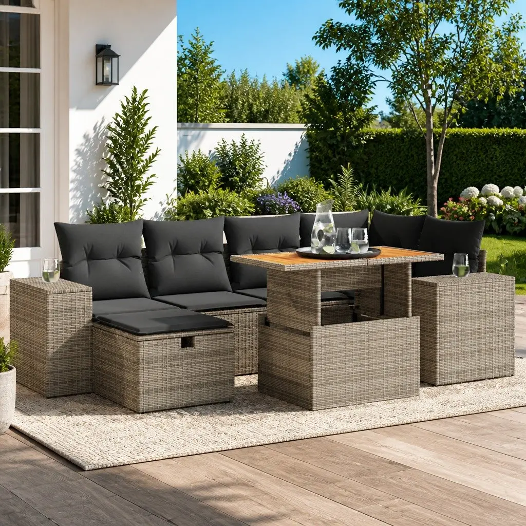 Garden Sofa Set 8 Piece Grey PE Rattan with Cushions and Storage