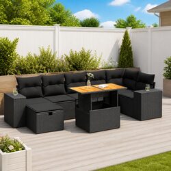 5 Piece Garden Sofa Set Black Poly Rattan Outdoor Furniture with Cushions