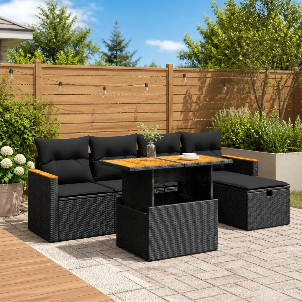 Outdoor Furniture Set 6 Piece Black Poly Rattan Cushions Adjustable Table