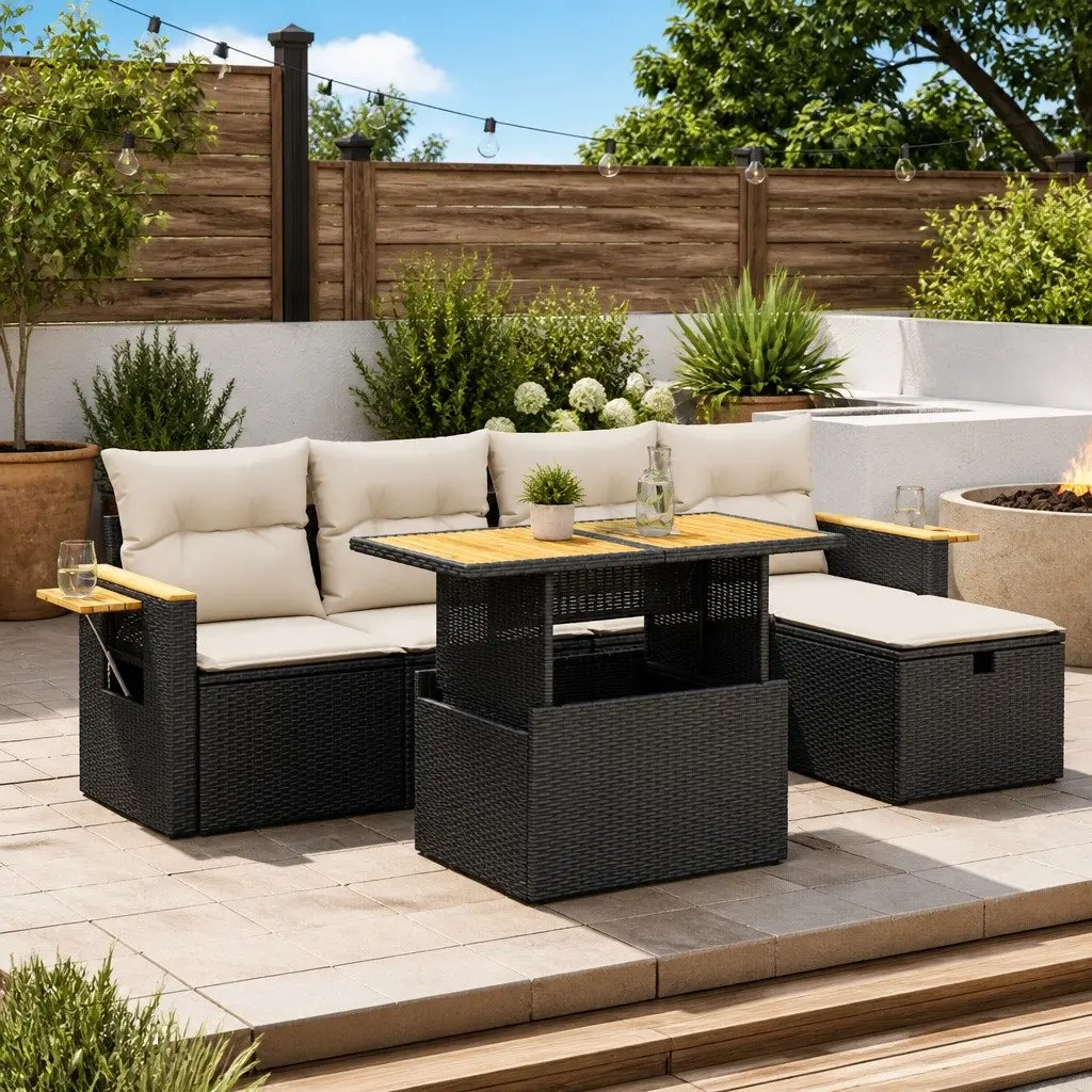 Garden Sofa Set 6 Piece PE Rattan Outdoor Furniture Black Patio Lounge