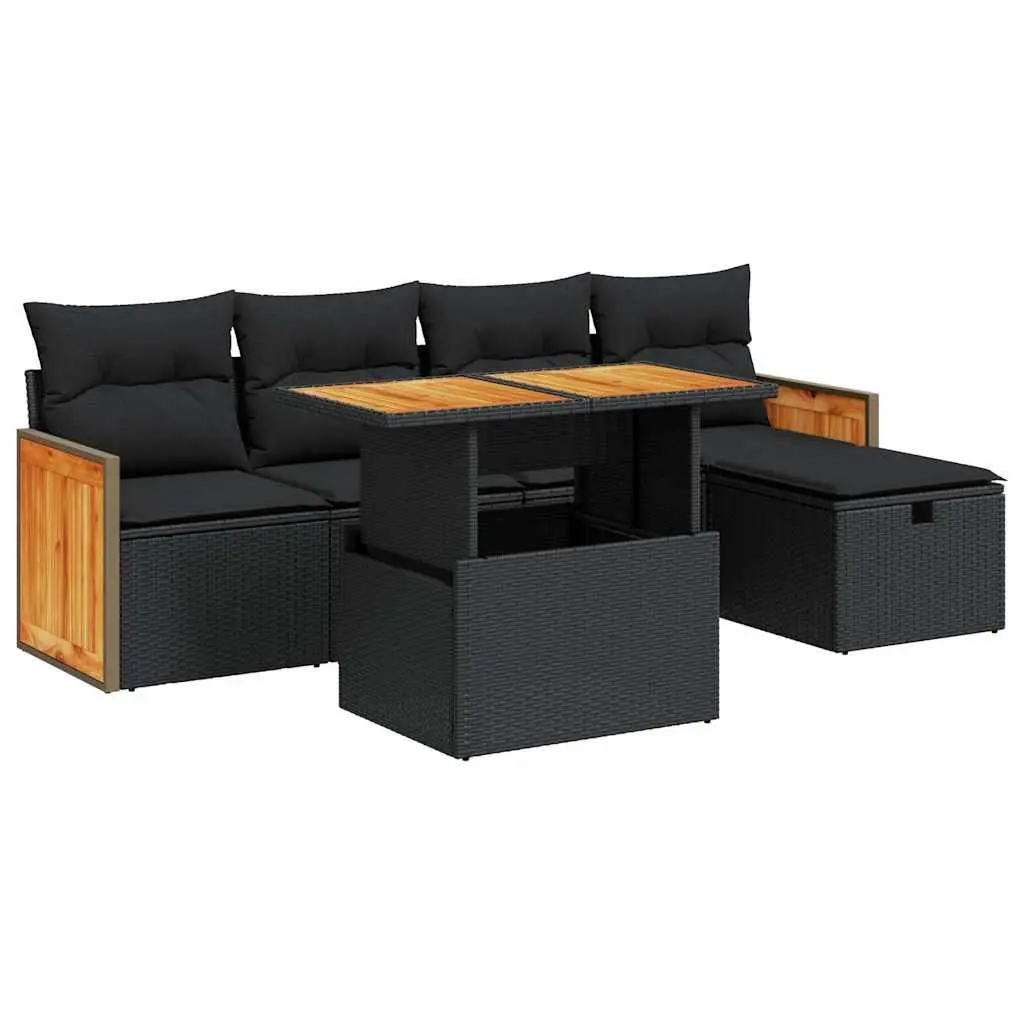 Garden Sofa Set PE Rattan 6 Piece Outdoor Furniture Black with Storage Cushions