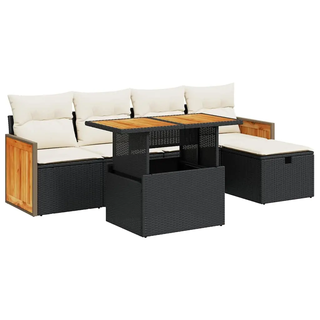 Outdoor Sofa Set 6 Piece Black PE Rattan with Storage Compartment and Adjustable Table