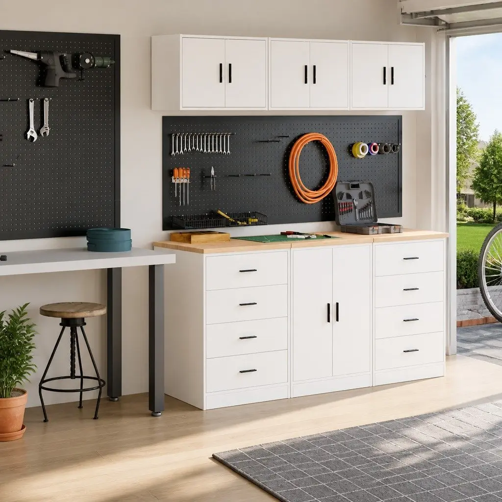 Garage Storage Cabinets 2pc White Engineered Wood Workshop Tool Organiser