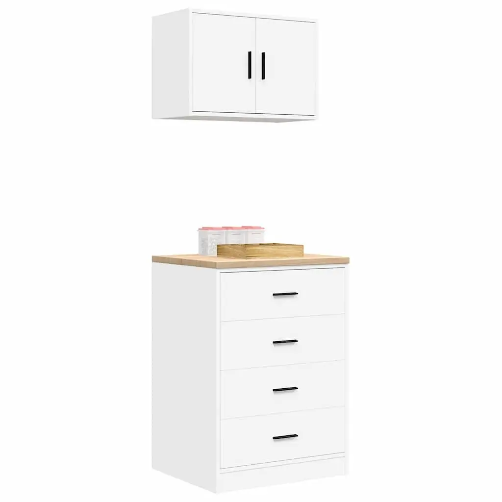 Garage Storage Cabinets 2pc White Engineered Wood Workshop Tool Organiser