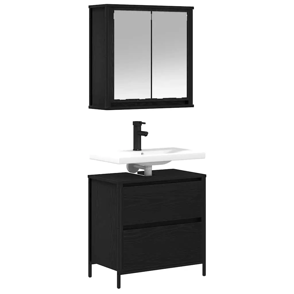 Bathroom Furniture Set Engineered Wood 2 Piece Black Oak Cabinet Mirror Storage