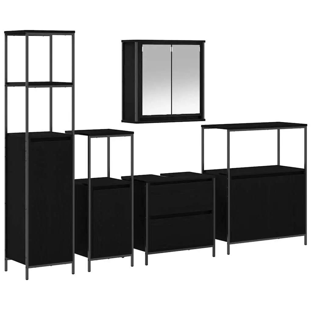 5 Piece Bathroom Furniture Set Black Engineered Wood Storage Units Wall Cabinets and Shelves
