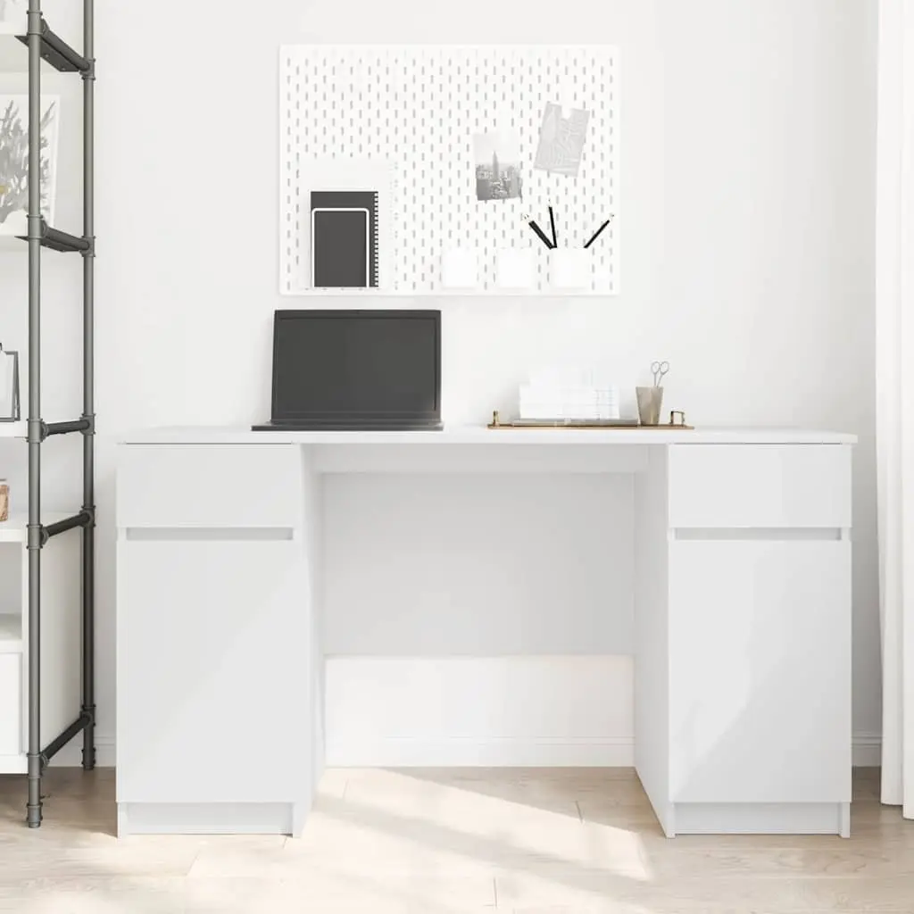 White Engineered Wood Desk with Drawer Storage Modern Home Office Workspace
