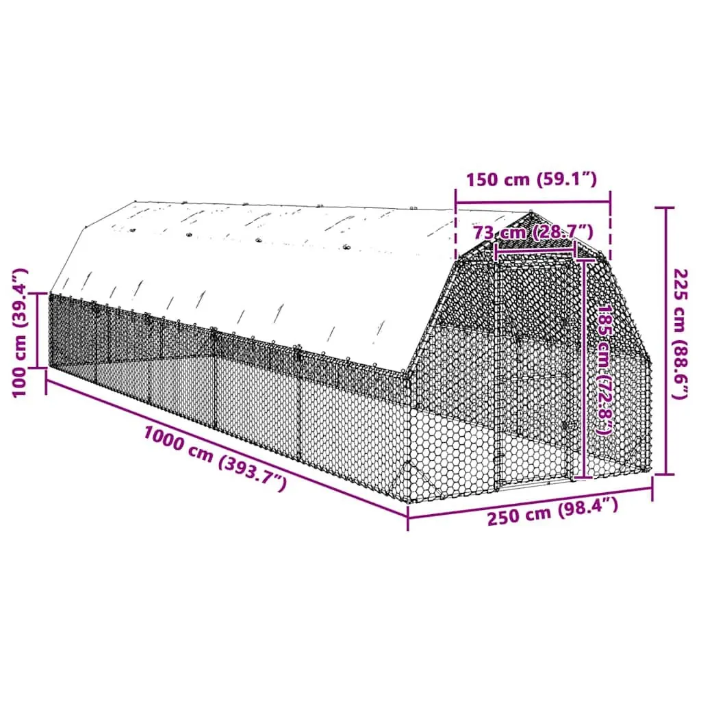 Chicken Run Galvanised Steel Frame 2.5x10x2.25m Silver
