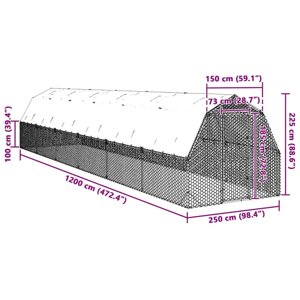 Chicken Run with Roof 2.5x12x2.25m Walk-In Coop Galvanised Steel Frame Enclosure