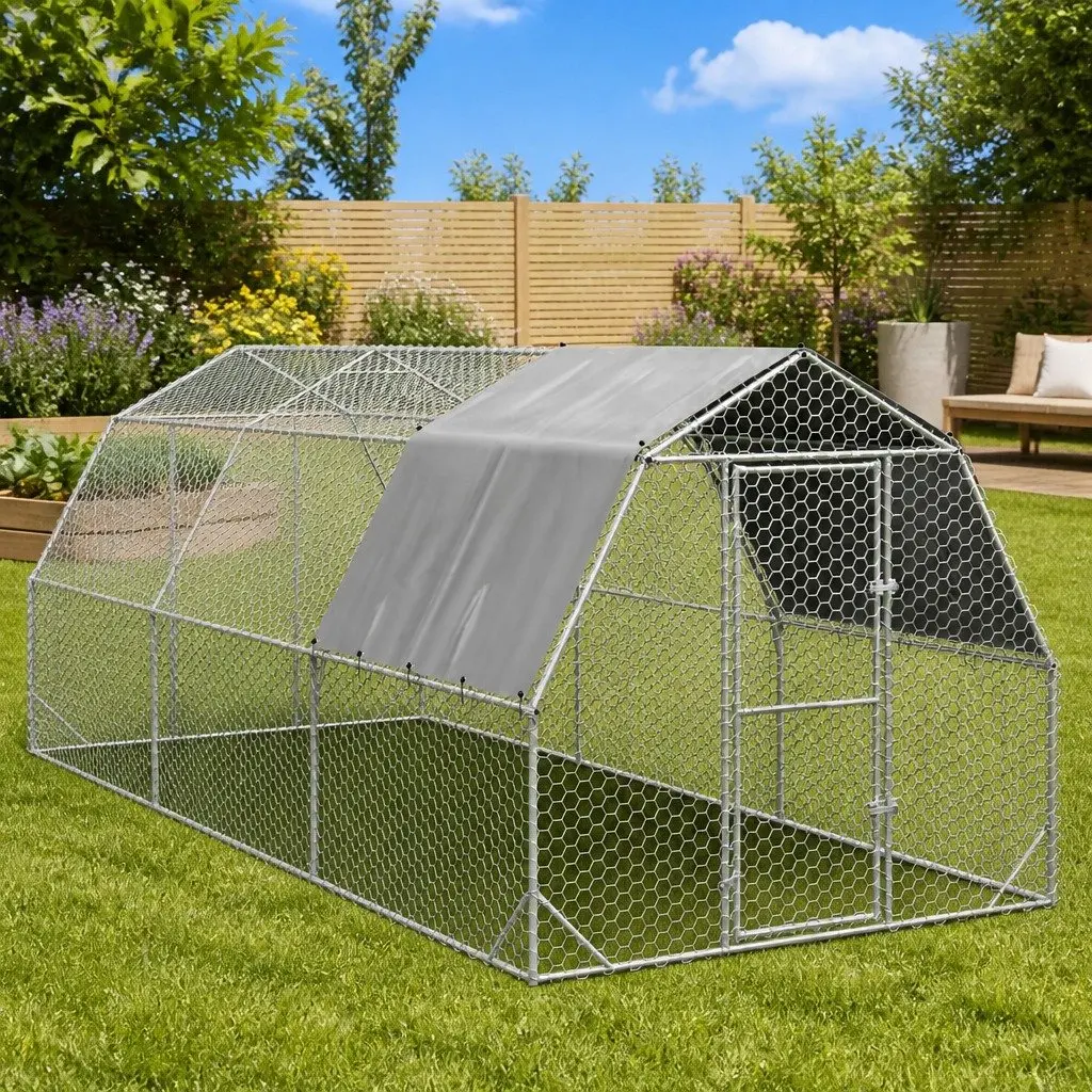 Walk-In Coop Chicken Run Galvanised Steel Frame Hexagonal Mesh Water-Resistant Roof Silver 2.5x6x2.25m