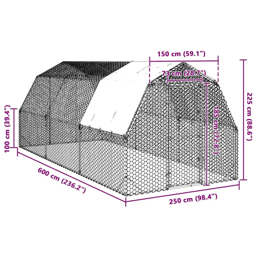 Walk-In Coop Chicken Run Galvanised Steel Frame Hexagonal Mesh Water-Resistant Roof Silver 2.5x6x2.25m