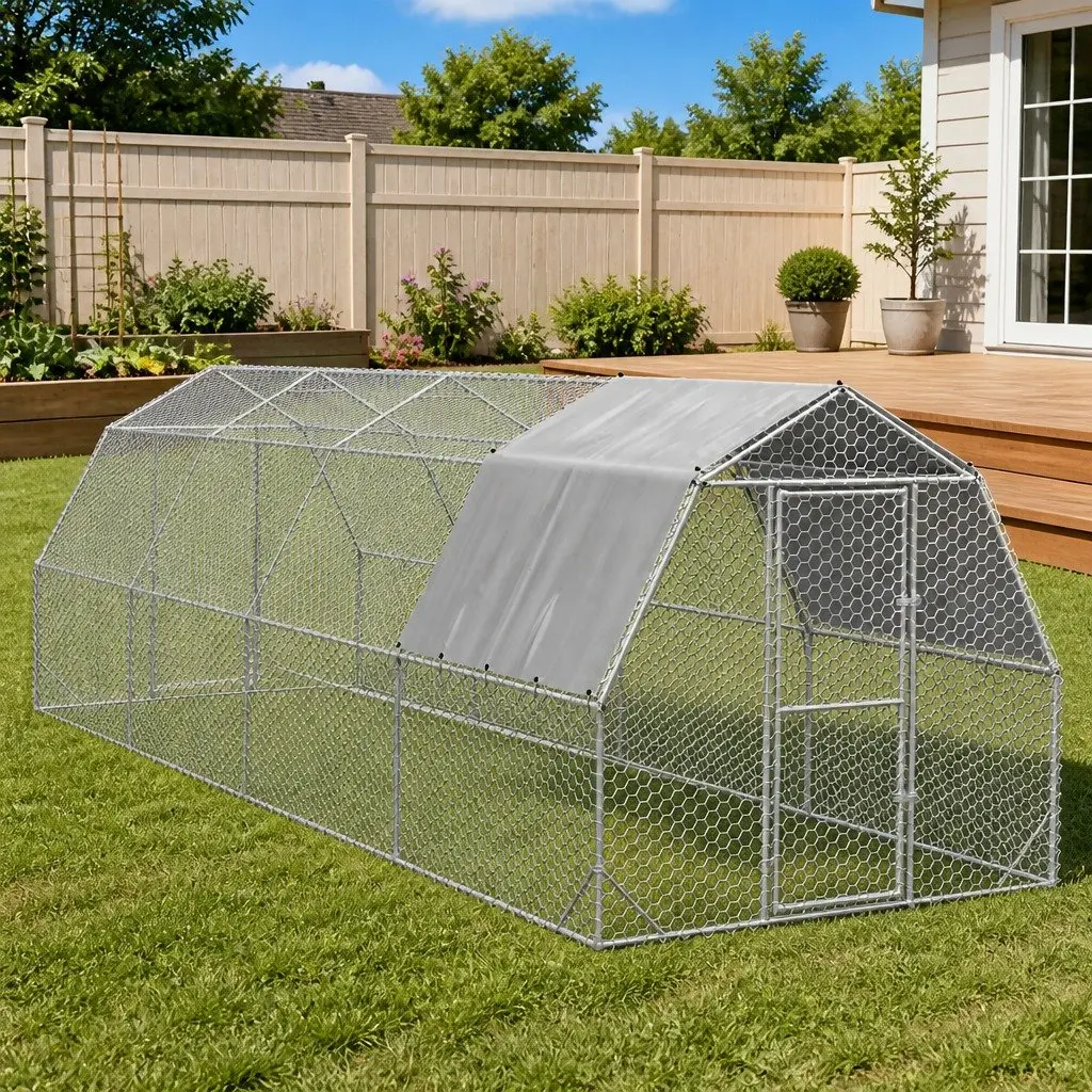 Chicken Run Galvanised Steel Frame Hexagonal Mesh Walk-in Coop 2.5 x 8 x 2.25 m Silver