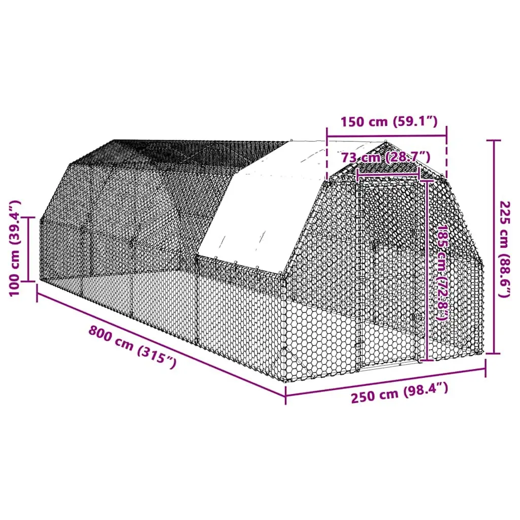 Chicken Run Galvanised Steel Frame Hexagonal Mesh Walk-in Coop 2.5 x 8 x 2.25 m Silver