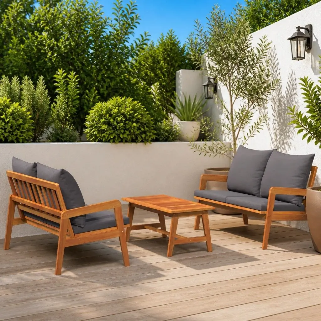 3 Piece Bistro Set Cushioned Seating Brown Solid Acacia Wood Outdoor Garden Patio Furniture