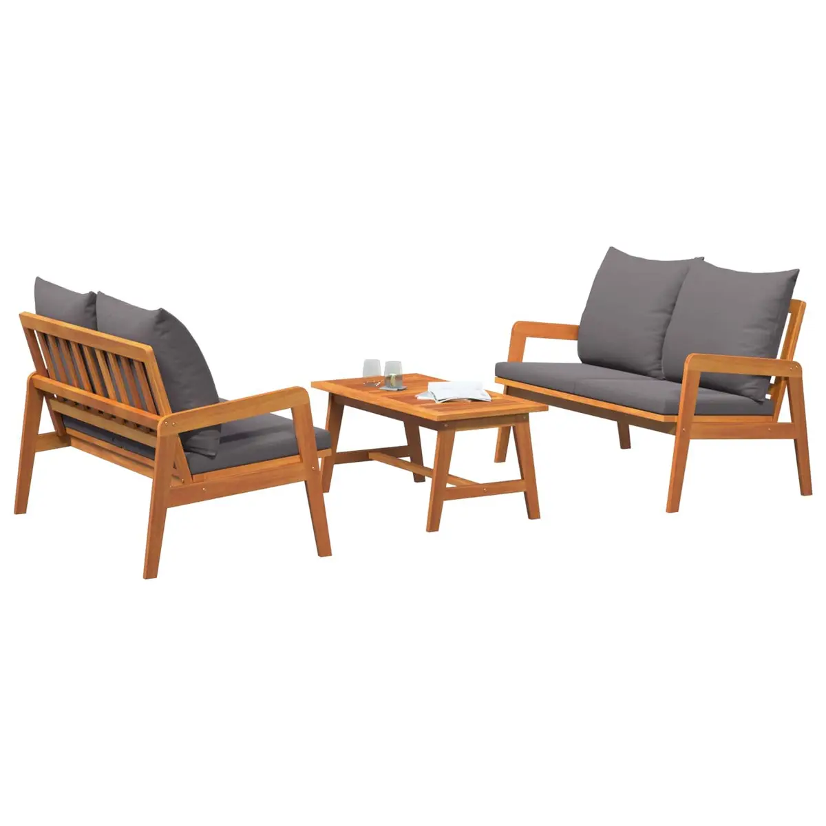3 Piece Bistro Set Cushioned Seating Brown Solid Acacia Wood Outdoor Garden Patio Furniture
